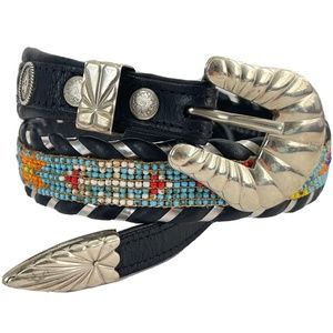 CIRCLE Y Al Beres Silver Laced Colorful Beaded Eagle Black Leather Belt Size 28
